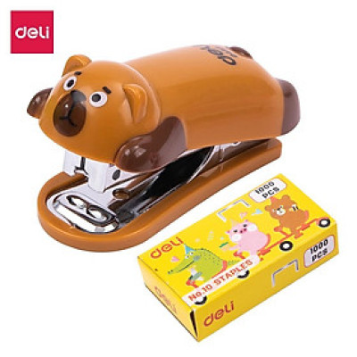  Dập ghim mini #10 Deli - 12 trang, gấu nâu, lợn hồng, cá sấu xanh - 1 cái - E0452