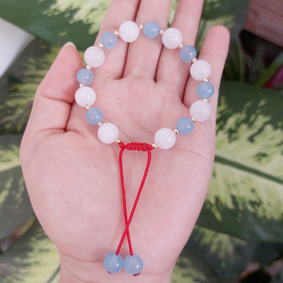 Vòng tay Nữ phong thủy đá mã não trắng mix đá Aqua và bi bạc dễ thương