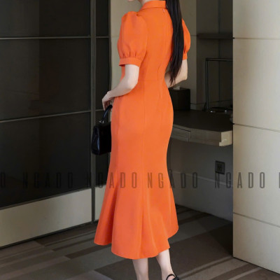 Đầm cam xẻ vạt NGADO , đầm dáng dài , đầm dự tiệc , công sở