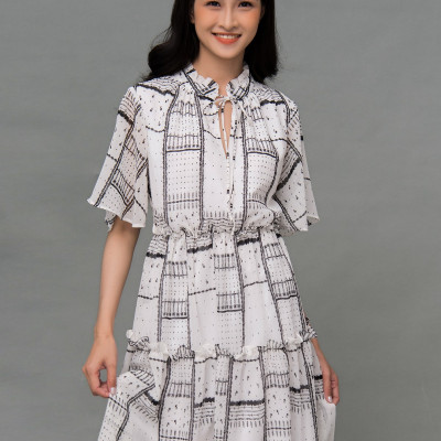 Đầm Voan Xòe Cổ Trụ Nhún Eo Maxivic, La Mộc - LM72175